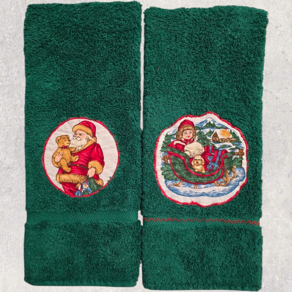 Vintage Cannon Royal Family Christmas Hand‎ Towels Set of 2 Green Hand Appliquéd